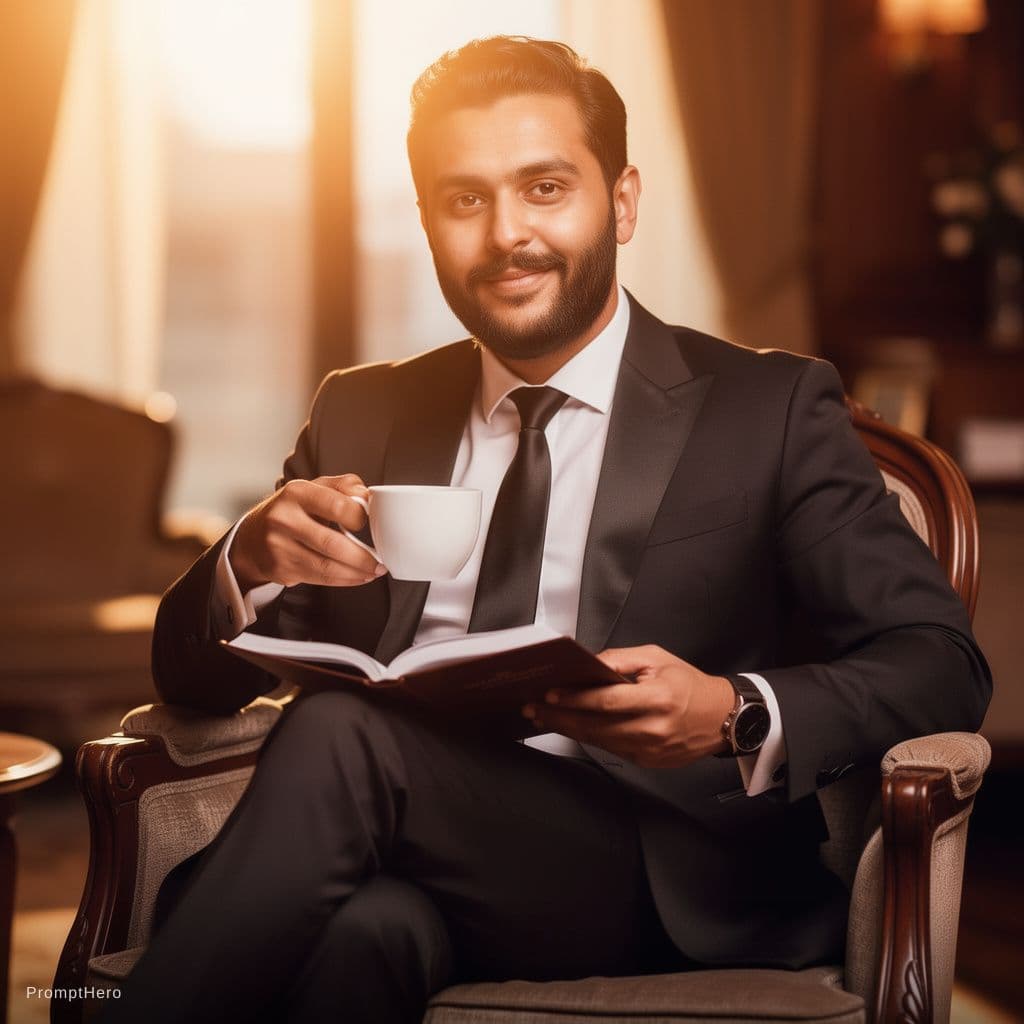 AI generated: Generate a photo of a business man sitting on a chair reading a book in his hand and drinking coffee...