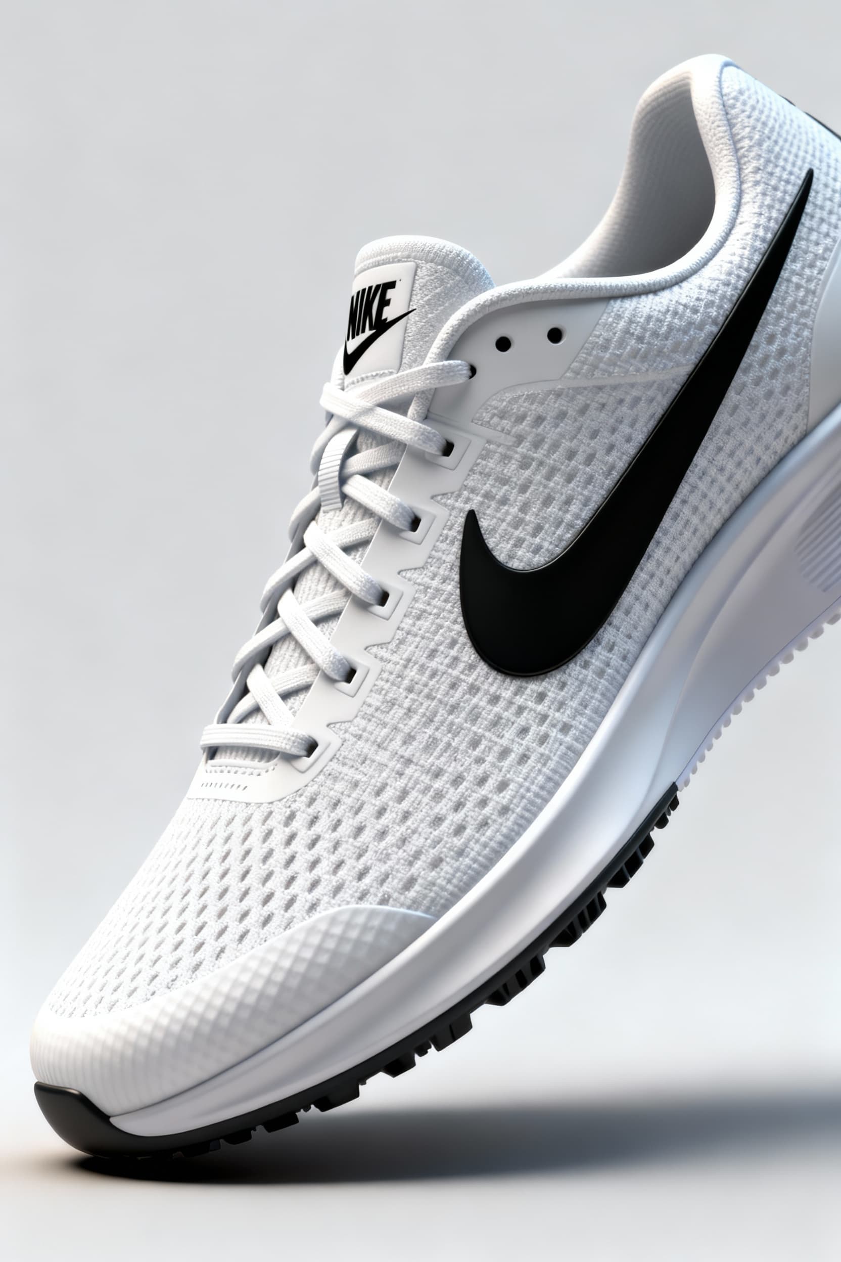 AI generated: Nike pace shoes made of rubber and composite fibres, black Nike logo in the shoe, photography by Ste...