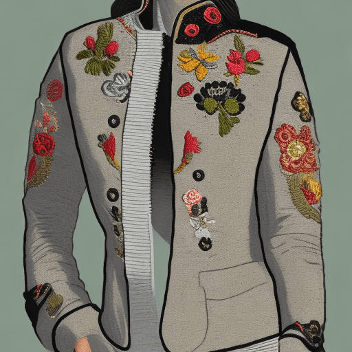 AI generated: Portrait of woman in fashion jacket with embroidered patch. Side lighting and detail in clothing.