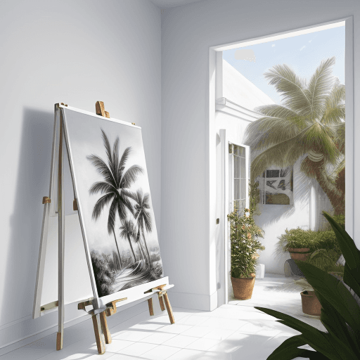 AI generated:  hyper realistic modern white Atelier with easel and white canvas on a white wall with art from stef...
