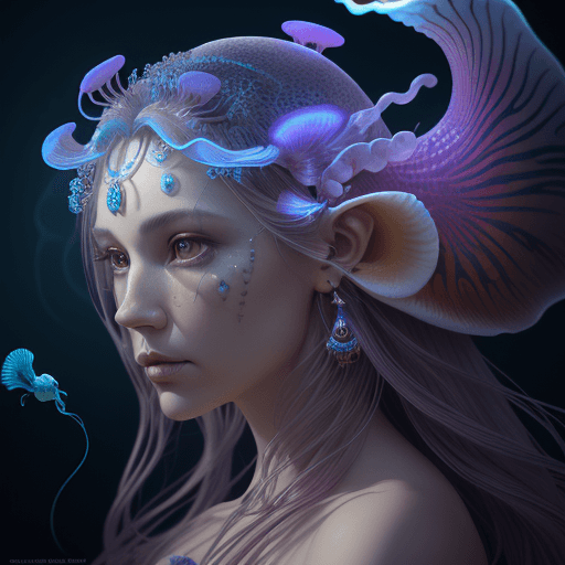 AI generated: Goddess close-up portrait ribcagel. jellyfish phoenix head, nautilus, orchid, skull, betta fish, bio...