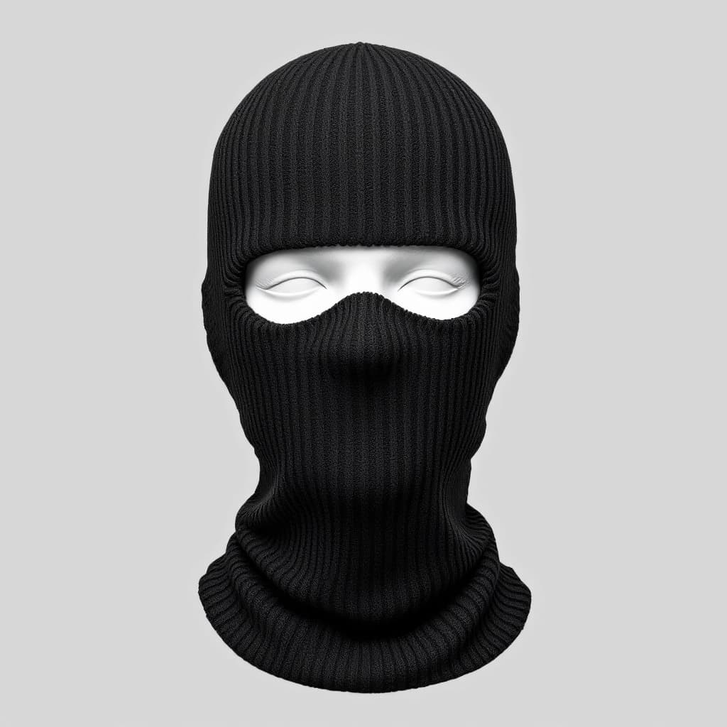 AI generated: a black ribbed knit skimask, two holes for the eyes, one hole for the mouth