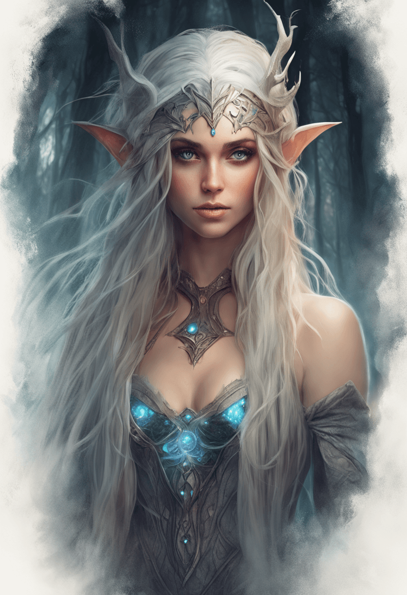 AI generated: Beautiful (female) Wood Elf dressed as wizard, detailed gorgeous face, Beautiful big (heart-shaped) ...