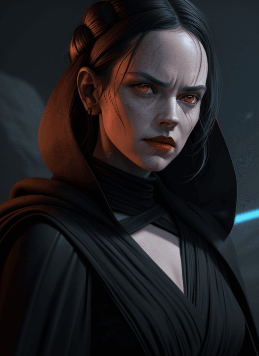 AI generated: Rey Skywalker (daisy ridley face) as sith in  Black Sith Robe, dark red lips, orange eyes from star ...