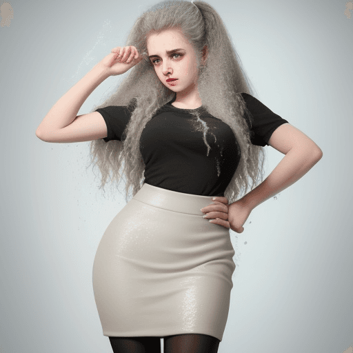 AI generated: cute distressed woman in pencil skirt with lots of foam in hair and on dress