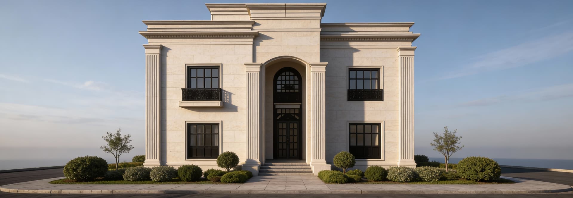 AI generated: Luxury modern neoclassical villa facade, two-story residential building, symmetrical front elevation...