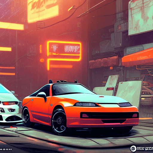 AI generated: cyber punk mechanical orange honda integra dc5 next to silver 1995 mazda mx5-na, , highly detailed l...