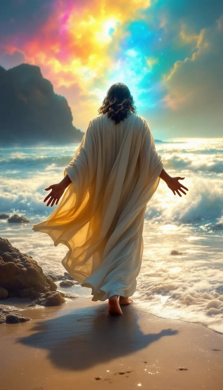 AI generated: Jesus walking on the beach from the back, not walking on the sand, next to the beach next to the wat...