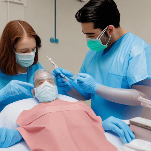 AI generated: Pink haired woman wearing blue surgical gown, teal latex gloves,  surgical cap, white surgical mask ...