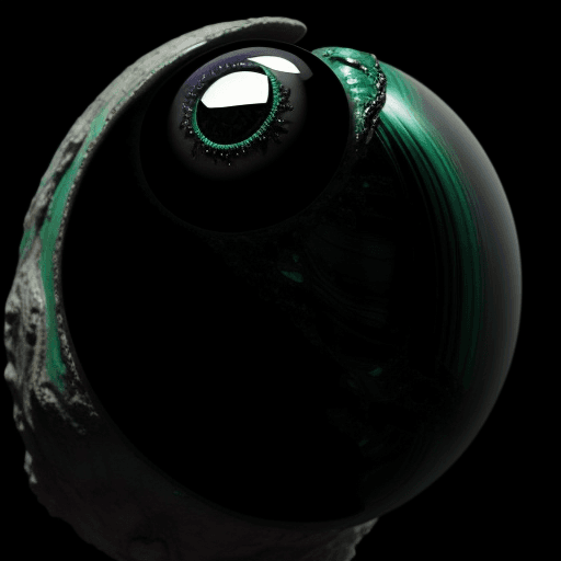 AI generated: an alien made of Velvet Malachite::2 big shiny black eyes, soulful eyes::planet in the background