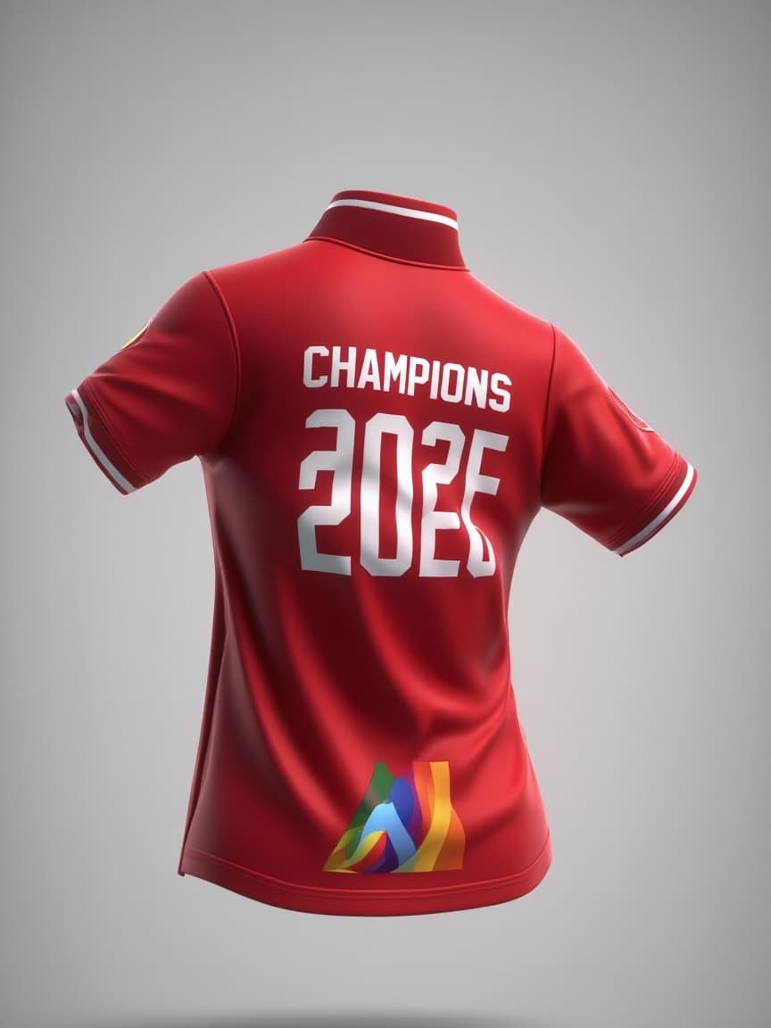 AI generated: A rear female realistic 3D mock-up of a red soccer jersey in a rear-view power pose, focusing on the...