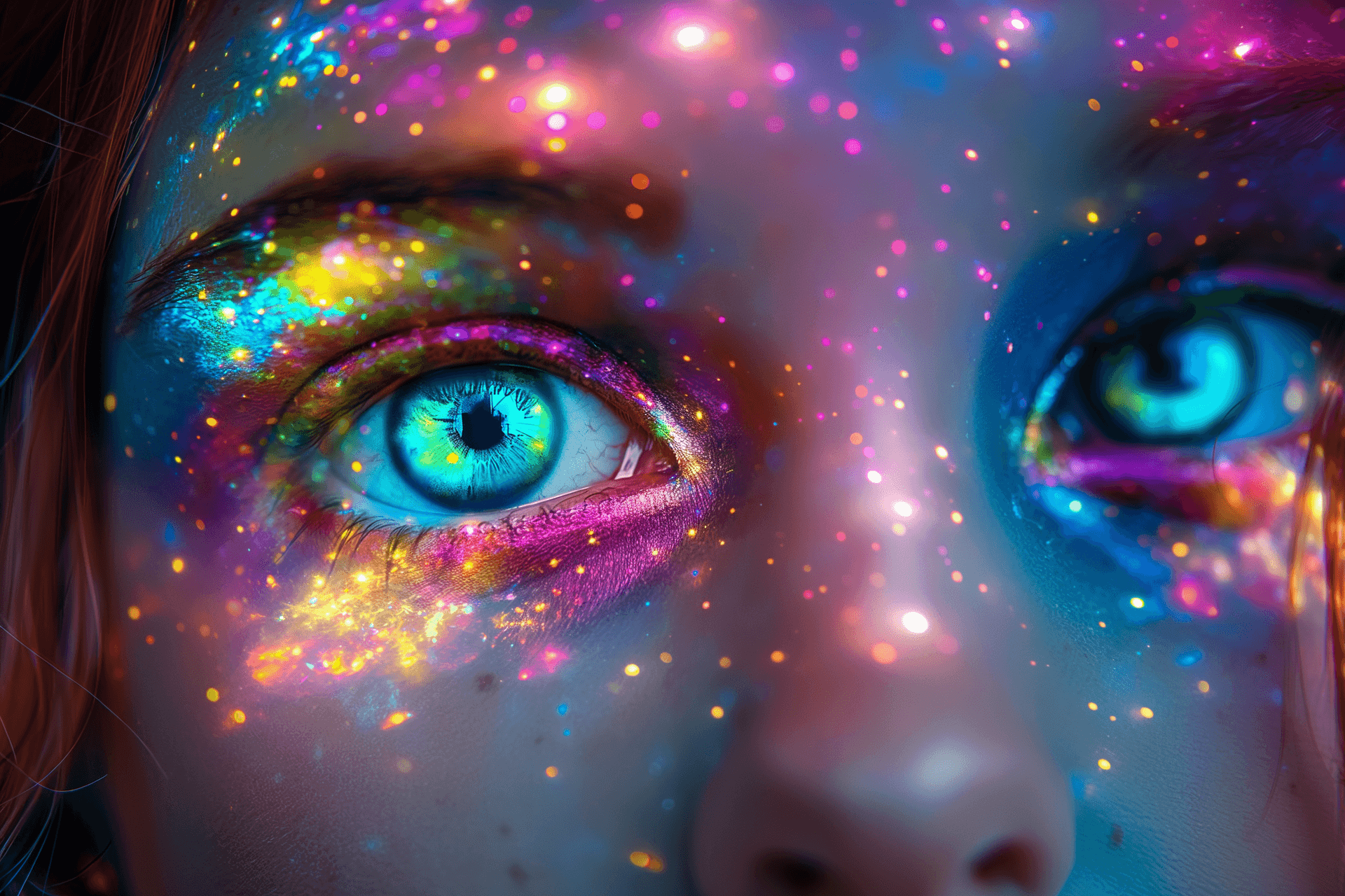 AI generated: A beautiful face with big eyes, an eye made of galaxies and stars is reflected in the left eye, colo...