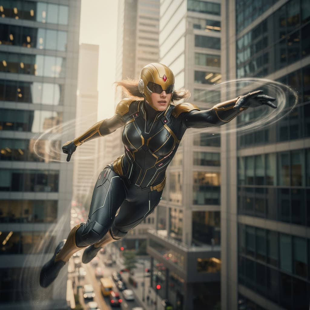 AI generated: “Cinematic Hollywood VFX shot of a futuristic female superhero flying at extreme speed between real ...