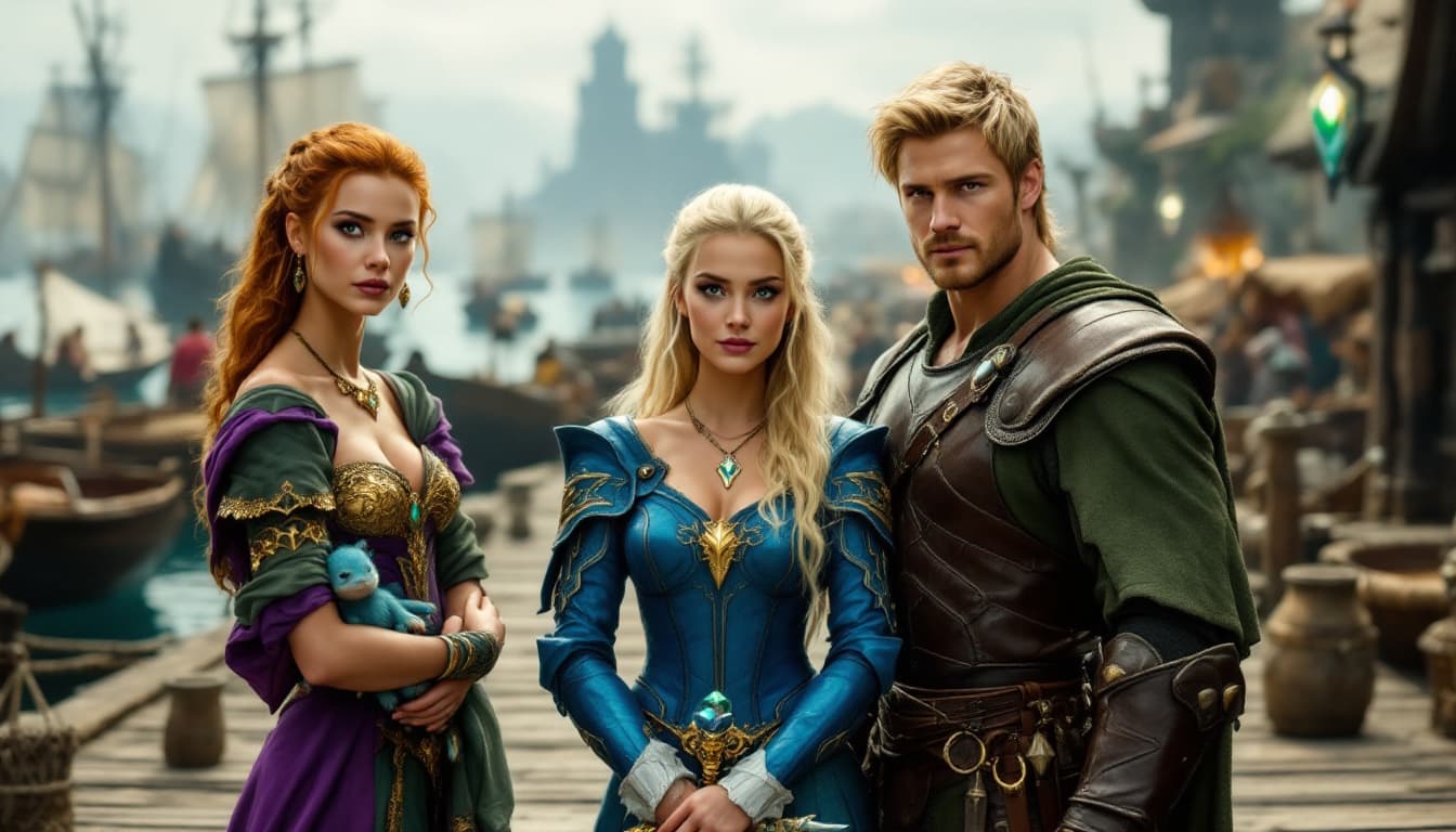 AI generated: a breathtaking scene from a fantasy film, with three characters standing prominently in the foregrou...