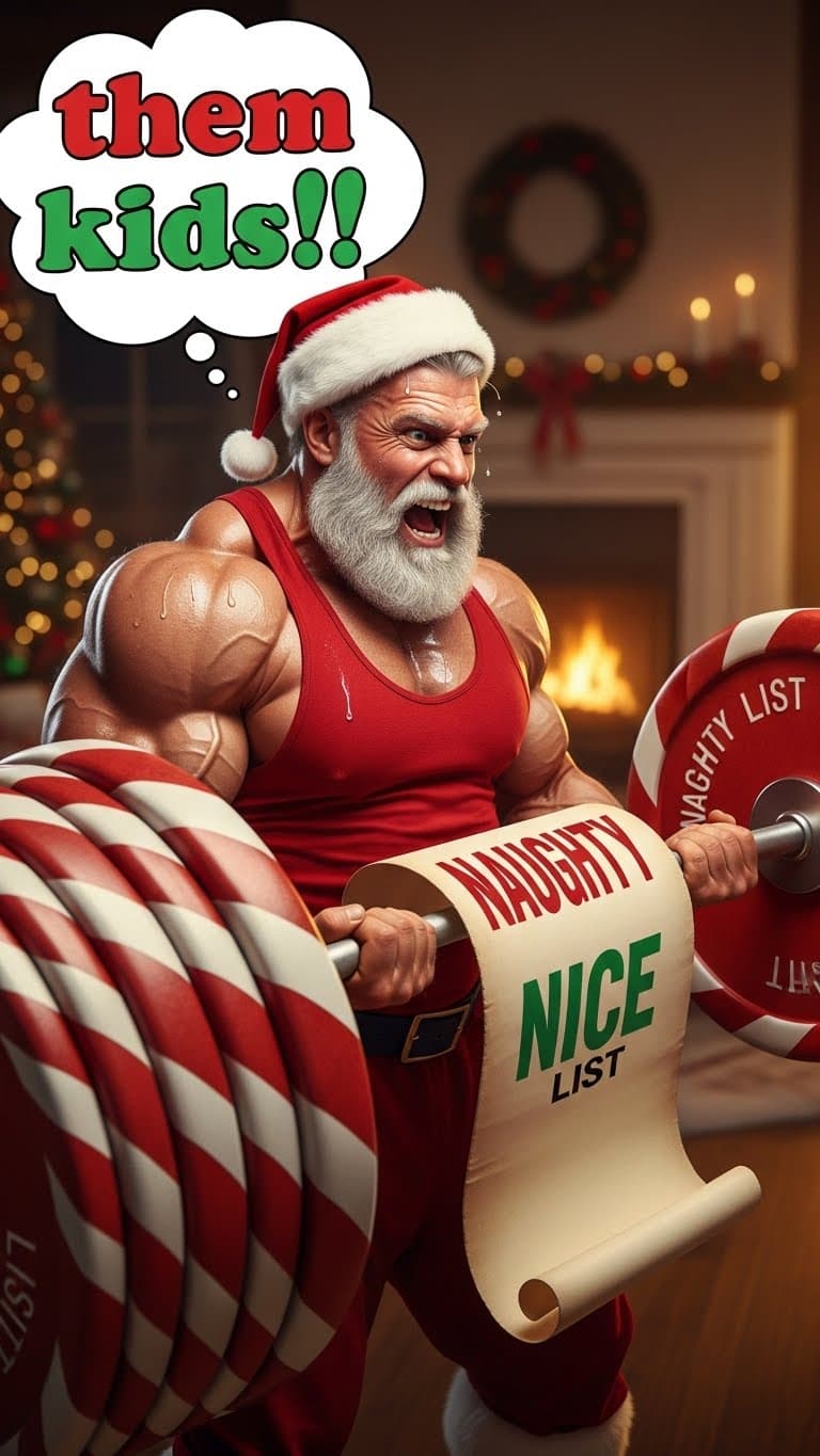 AI generated: 4k Santa Claus but body builder holding some heavy weights and a naughty / nice list... thinking bub...