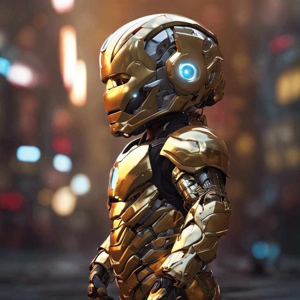 AI generated: an image of baby, alert pose, cyberpunk style, wearing bionic helmet, wearing iron man armor, high d...