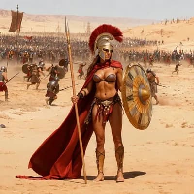 AI generated video: the woman quickly gets into a guard position ready for battle while in the background the battle rag...