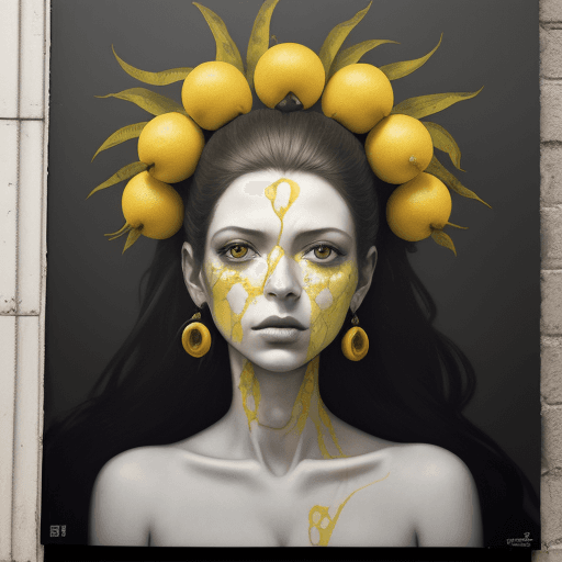 AI generated: Crear un mural de una mujer en una pared amarilla con frutas en la cabeza, en el estilo de Ingrid Ba...
