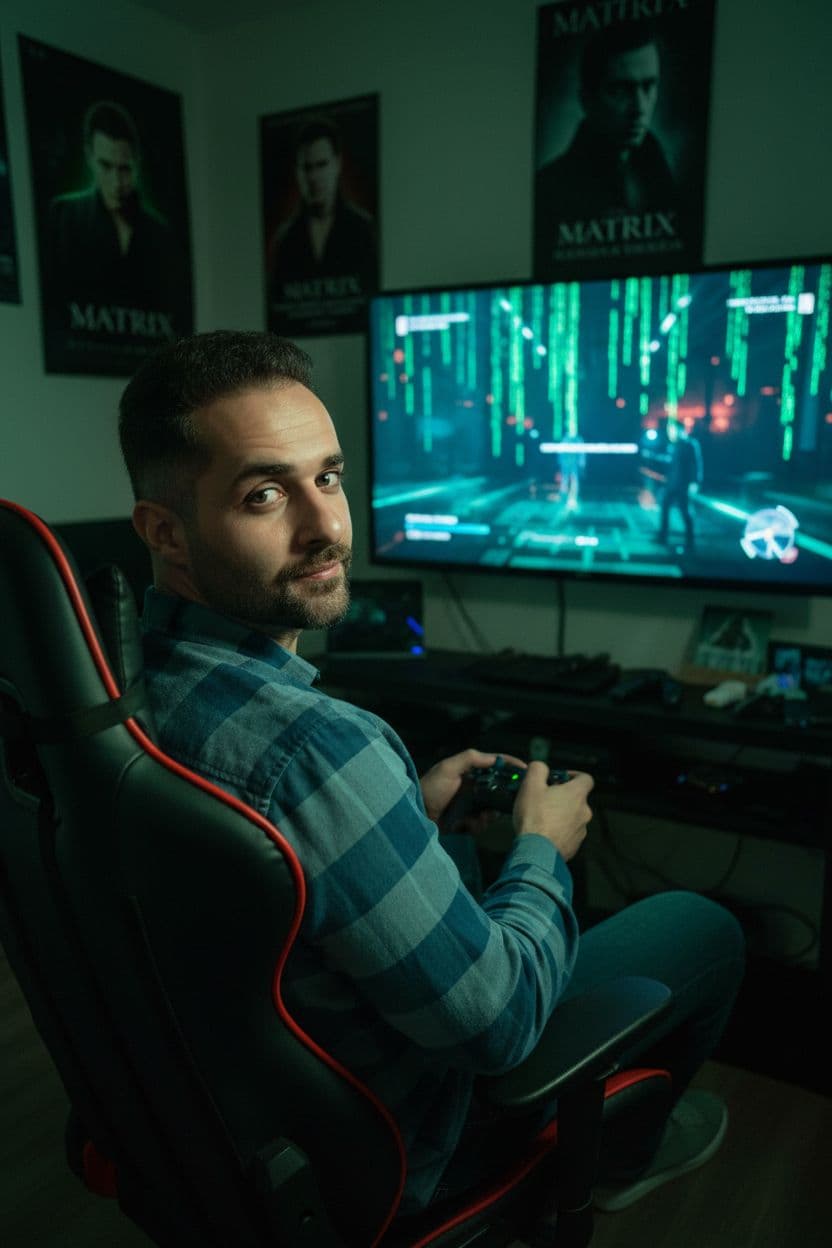 AI generated: my image character watching you as he plays the playstation to the Matrix game that he is with his b...