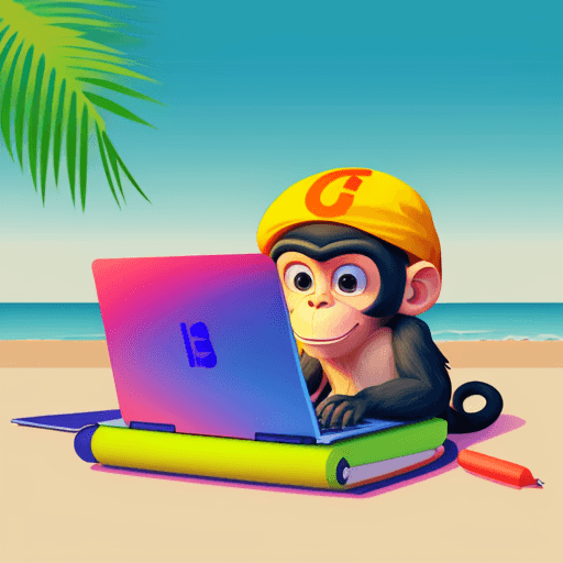 AI generated: 
illustration, monkey on a laptop with a cap, on the beach, coding ai apps, vector, bright colors