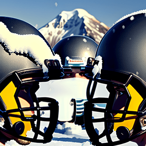 AI generated: front view of heads of 4 American football players wearing helmets form the tops of a snowy mountain...