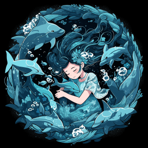 AI generated: Blue tshirt design, mermaid, swimming with dolphins, hd, 16lk, by Chris Moore, azure ocean-shaded, b...