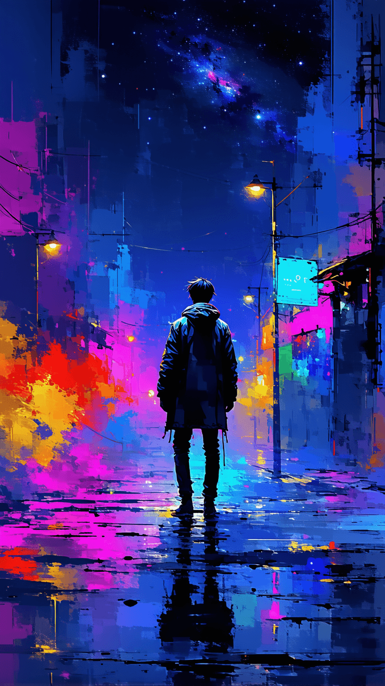 AI generated: illustration reflecting interstellar ; moviestyle, a lone figure, seen from the back, faces a vibran...