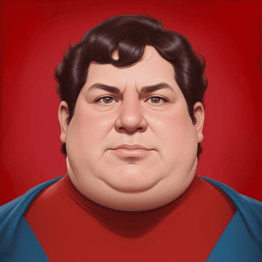 AI generated: Javier Milei, 55 years old, fat double chin, as superhero, red background saturated as jonathan yeo,...