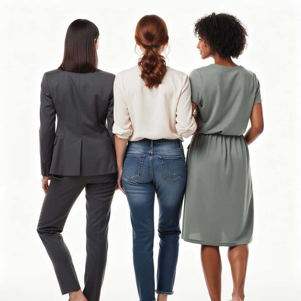 AI generated: epic realistic, three women with distinct hairstyles and casual professional outfits, standing toget...