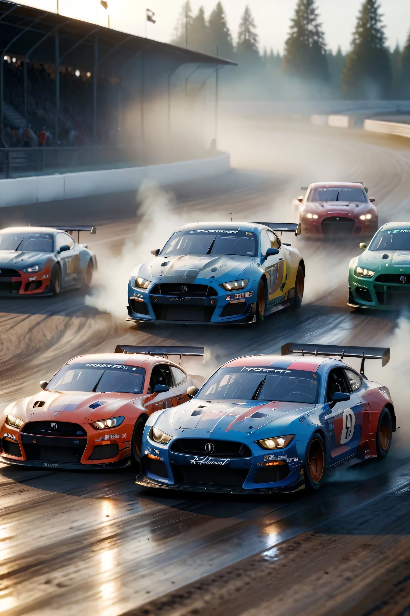 AI generated: masterpiece, award winning photo, (different color)+ race cars on a track, smoke, grit, hard lightin...