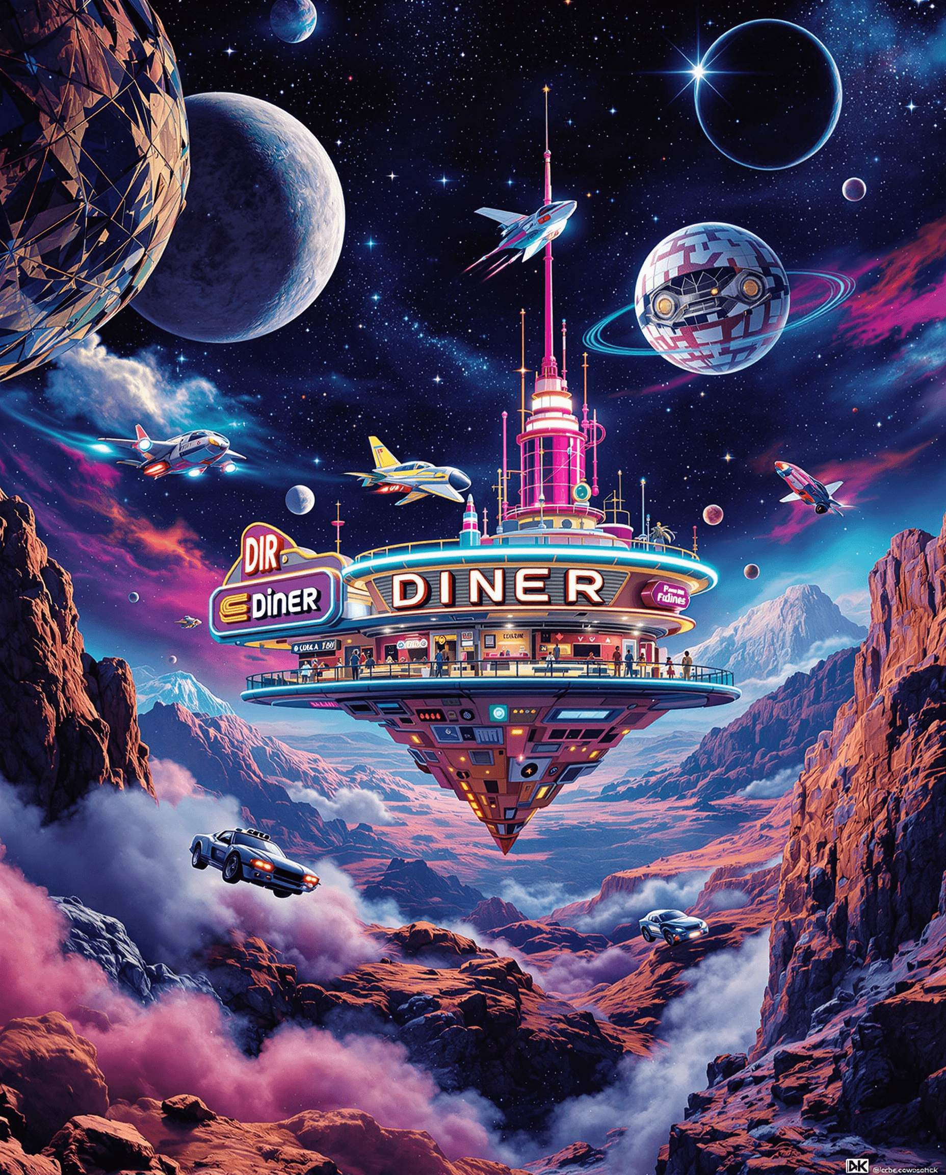 AI generated: a sci fi image,retro scifi,50th style a diner on a asteroid,flying cars ,dynamic lights,in space,ver...