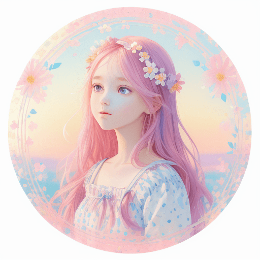 AI generated: beauty spring floral illustration on sunrise background with a girl and flowers in her hair, dotted,...