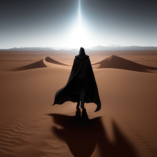 AI generated: Mysterious figure in striking cloak walking through the desert, con titulo arriba que diga ZECK la s...