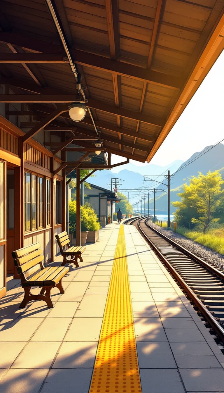 AI generated: Expressive semi realistic cartoon style illustration. Tranquil Japanese train station platform bathe...