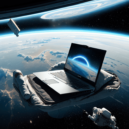 AI generated: A gaming laptop floating in space, drifting along the Milky, realistic, astronaut , expand the overv...