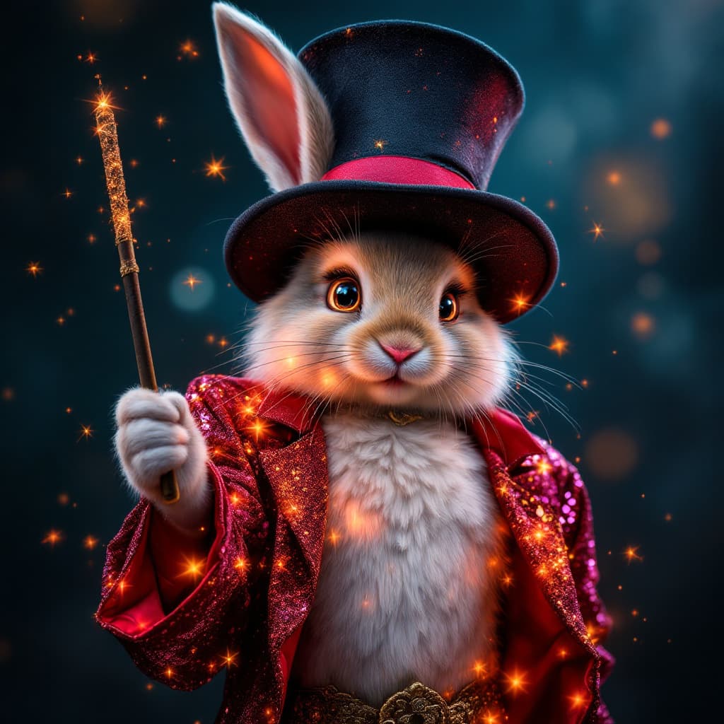 AI generated: Hot magician bunnie revealing sparkly clothes  the bunnies face winking face with a magic Wand and h...