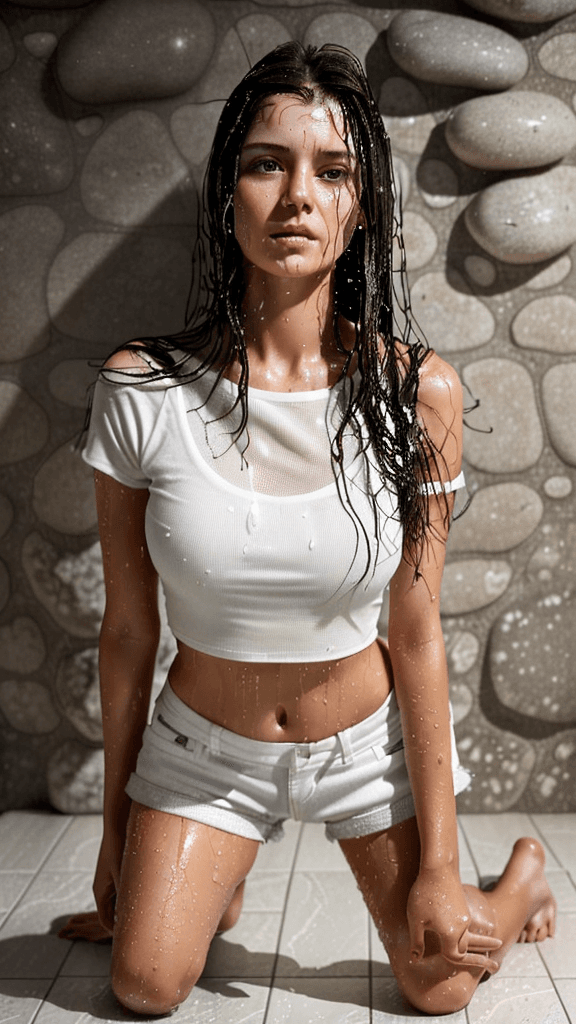AI generated: Generate an image of a woman with wet hair, kneeling on the floor and looking up towards the camera....