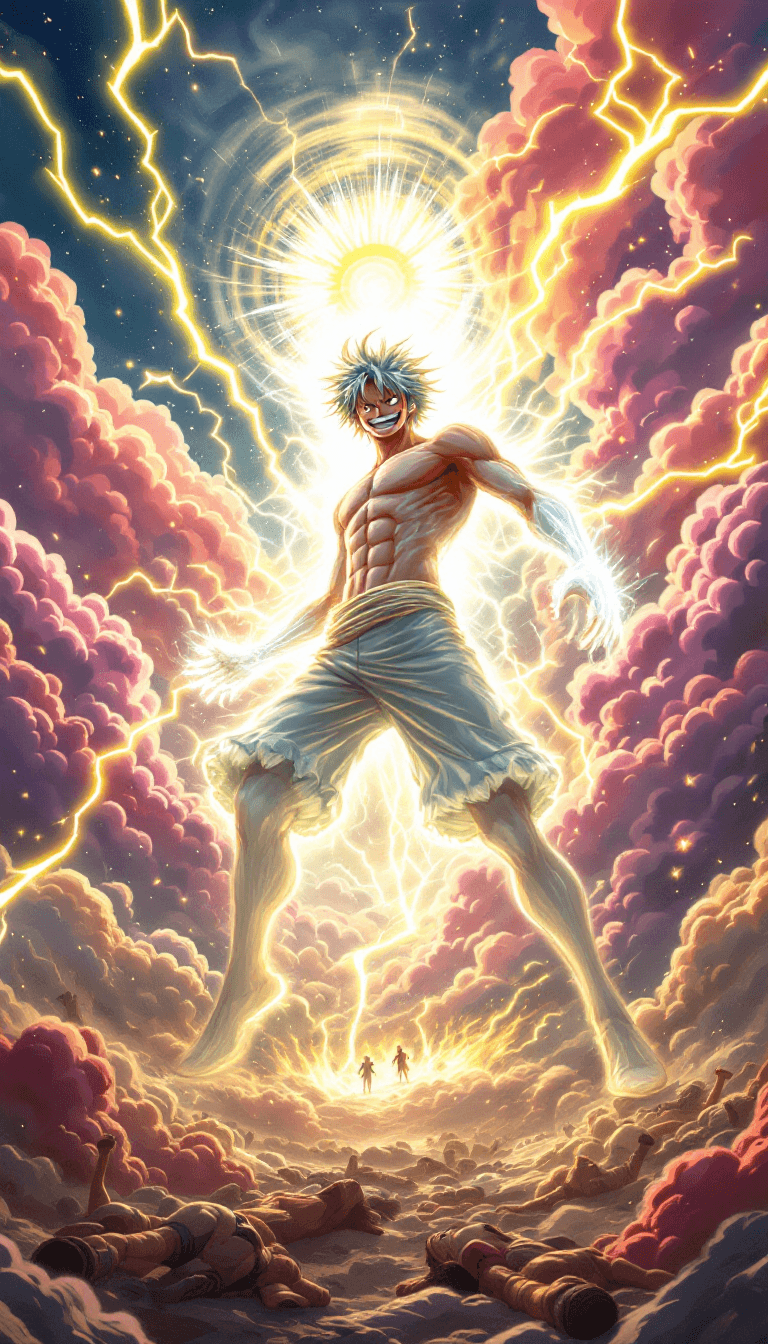 AI generated: Monkey D. Luffy in his divine Gear 5 form, his body glowing with white, god-like energy. His wild, f...