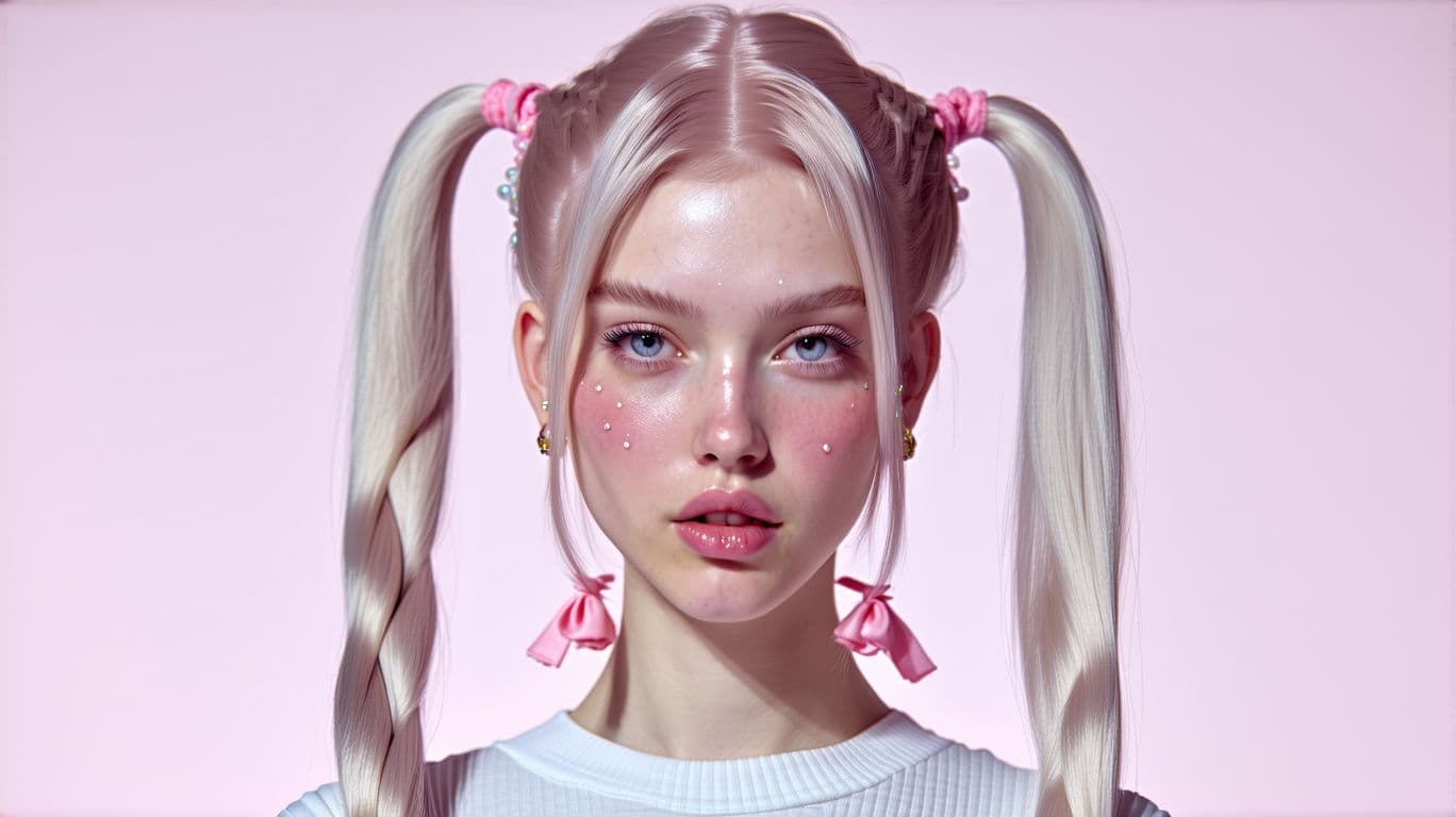 AI generated: Vogue Runway Model with long Pigtails in the style of candycore hair, pale skin and light pink lips ...