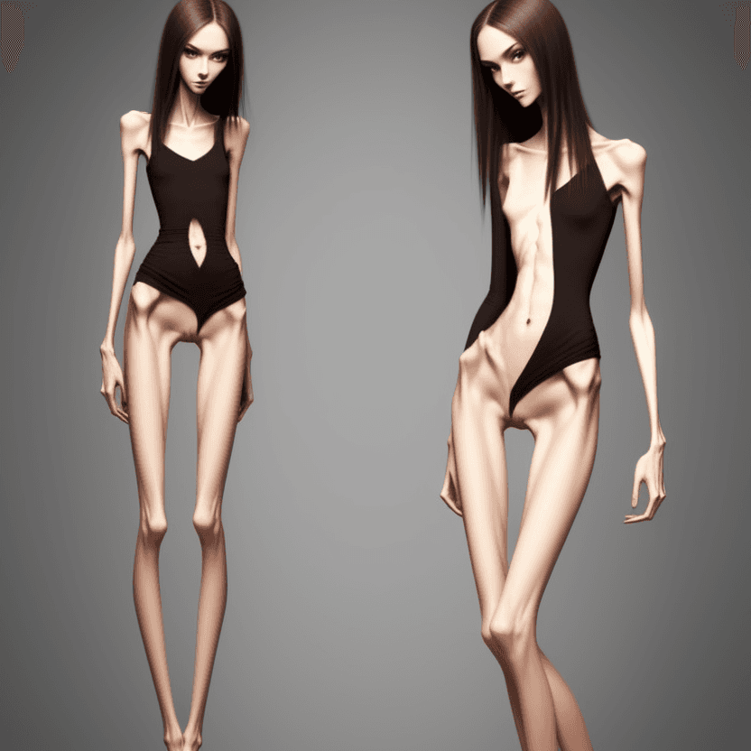 AI generated: extreme beautiful skinny slender (almost anorexic)  girl with skinny slender thighs narrow, 