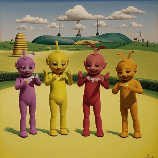 AI generated: Teletubbies performing a Schuhplattler, painting by Salvador Dali