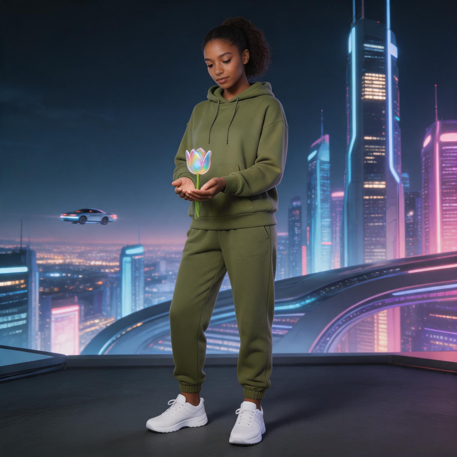 AI generated: dark-brown-skinned arms hanging down with a dark-brown-skinned young lady wearing an olive green jog...