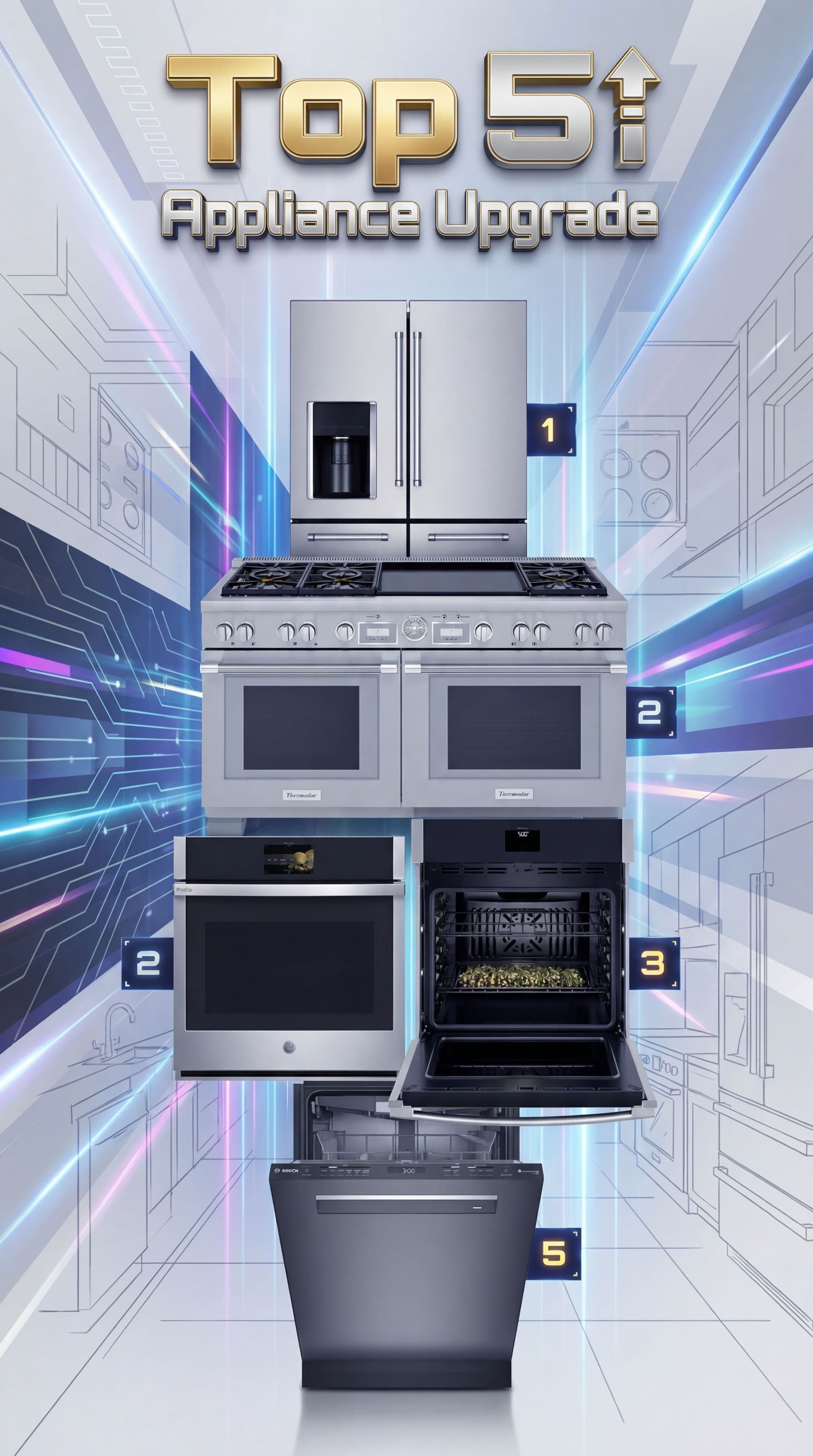 AI generated: Turn into a graphic layout. Title Top 5 Appliance Upgrade. Should have display text  stylized. Backg...