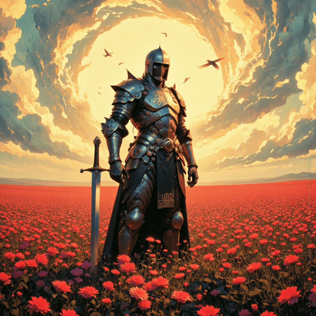 AI generated:  A hyper-realistic, cinematic digital artwork featuring a lone knight standing proudly in a vast fie...