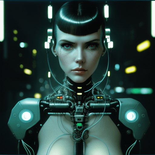 AI generated: sfw, RAW photo, of a cyborg woman with perfect face, complex background, wires and circuity, mechani...