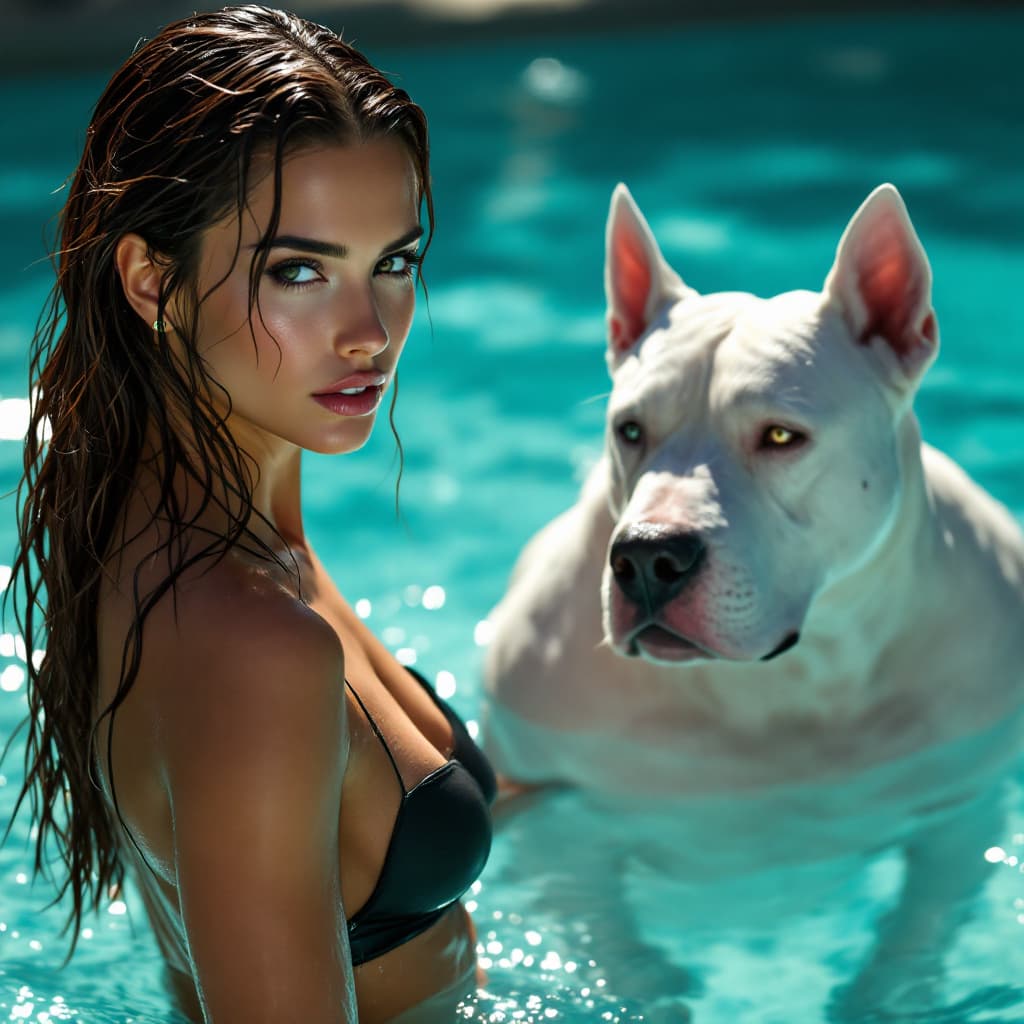 AI generated: A stunning woman with wet brown hair and glowing skin in a black bikini standing in a pool, next to ...