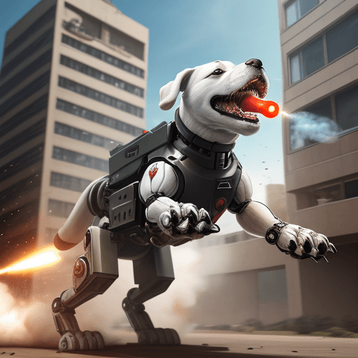 AI generated: A mechanical dog attacking a building firing bullets from his mouth as well as firing missiles from ...