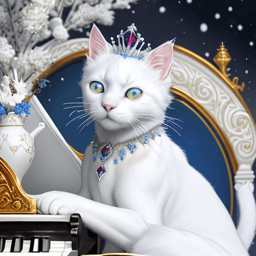 AI generated: Award winning, realistic detailed color photo of a white cat with blue ruby jewels, an exquisite fel...