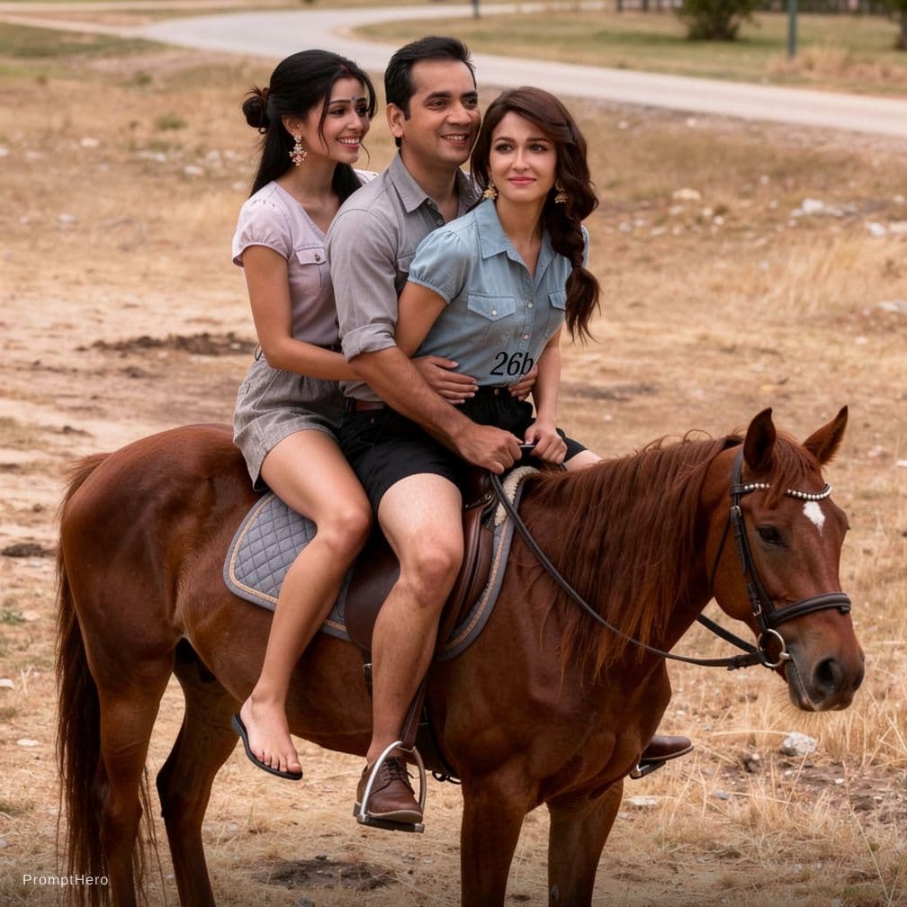 AI generated: Three people riding on a single horse man seat between two girls and hold her tightly girls in bikin...