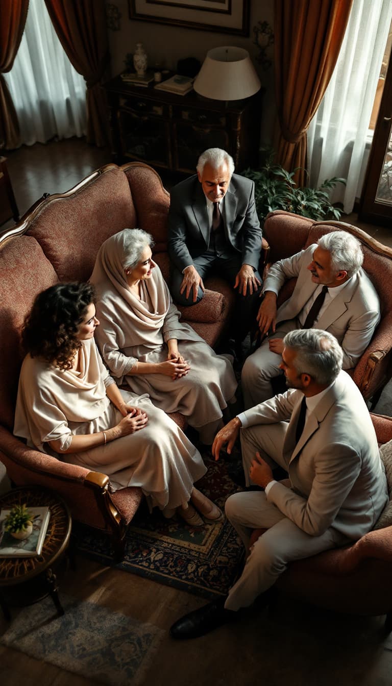 AI generated: A high-angle shot of a traditional Iranian engagement gathering in a spacious 1950s home. The living...